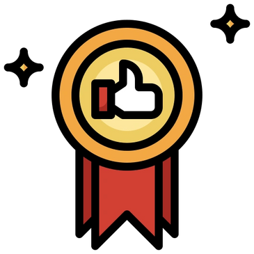 A gold medal with a thumbs-up symbol and red ribbons.