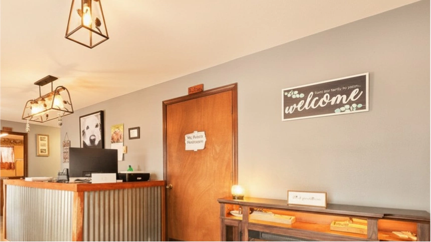 Cozy reception area with warm lighting and welcoming decor.