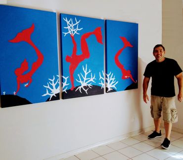 Mermaids Restoring the Coral Reef, Hawaii. 
Acrylic and Canvas
 trilogy mural sized 
by Mark P Costa