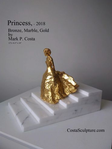 Princess 
by artist Mark P Costa
Bronze, Princess 14kt gold plated set on white marble.