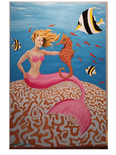 Friendship Reef, by  Mark P. Costa 2024
Oil Acrylic on Canvas 24" x 36" 
A Mermaid Portrait Painting