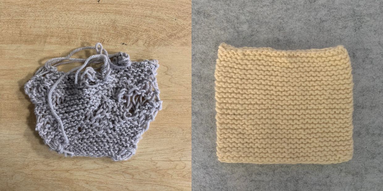 Two knitting swatches: one messy, one neat.