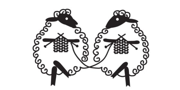 Two cartoon sheep knitting together.