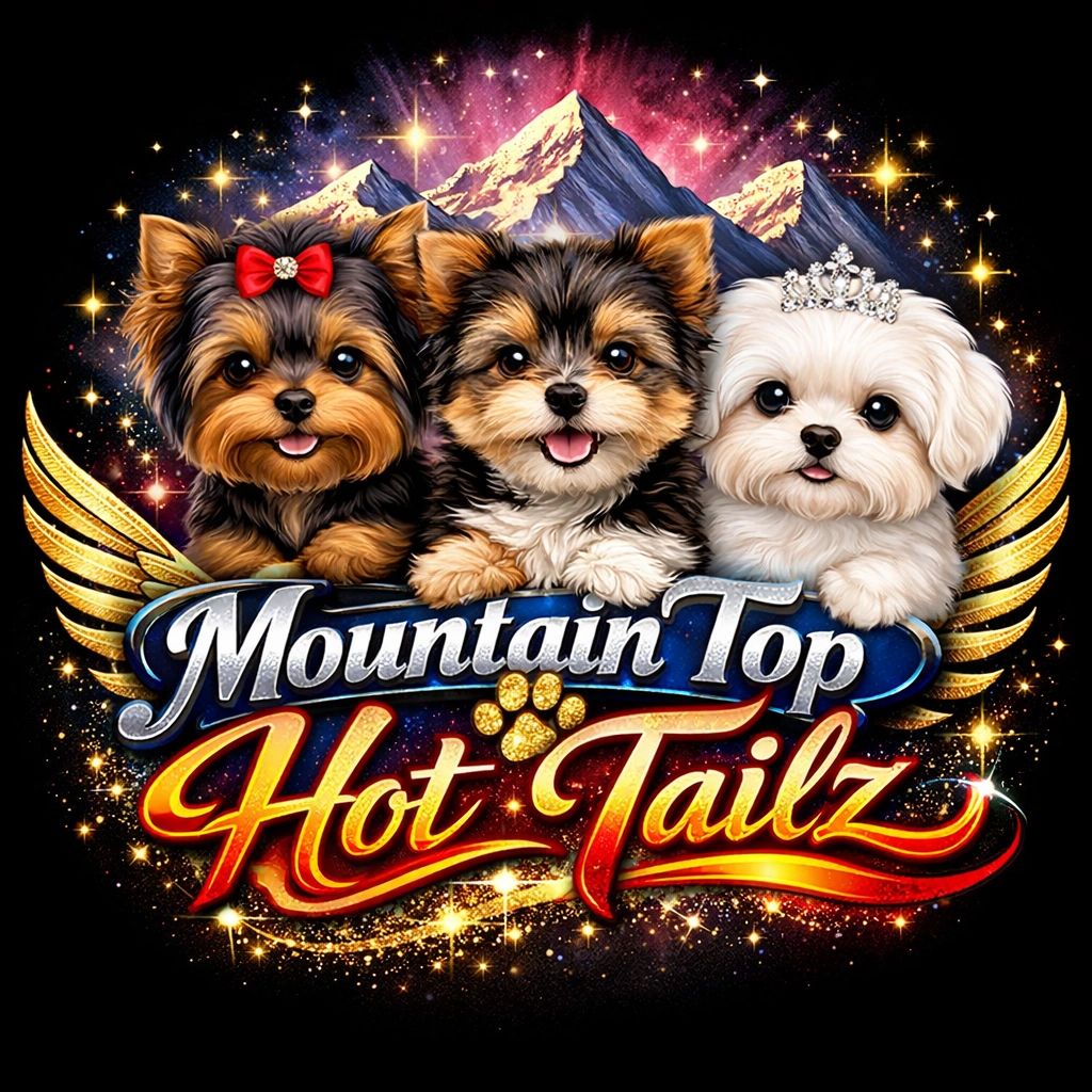 Three adorable dogs with accessories above glowing text and mountain backdrop.