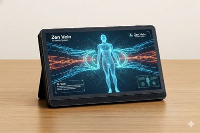 Tablet displaying Zen Vein AI Health System with digital human and vein graphics.