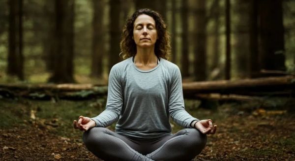 Woman meditating peacefully in a forest with eyes closed obtaining holistic wellness, energetic balance, and resonance wellness through frequency technology and non invasive wellness tools.