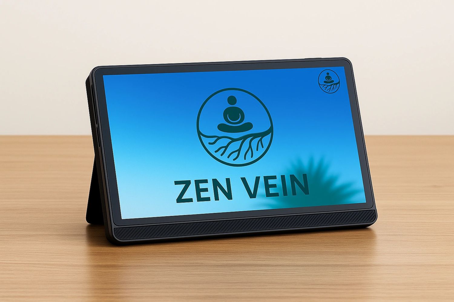 A digital screen displays the logo and name 'ZEN VEIN' on a wooden surface - that provides holistic wellness, energetic balance, and resonance wellness through frequency technology and non invasive wellness tools.