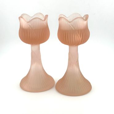 Frosted glass tulip candle stick holders pale peach