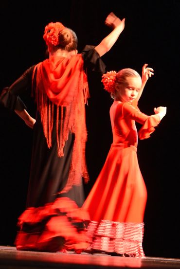 Two of our dance students, both age 5, dancing Flamenco on stage in one of our performances