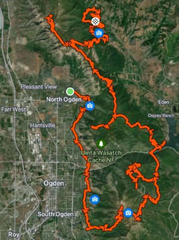 Map showing a hiking trail around Ogden and Uinta Wasatch Cache National Forest.