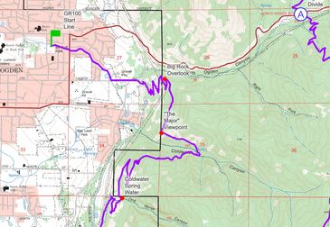 Map showing a hiking trail from Ogden to Divide with key viewpoints and water sources.