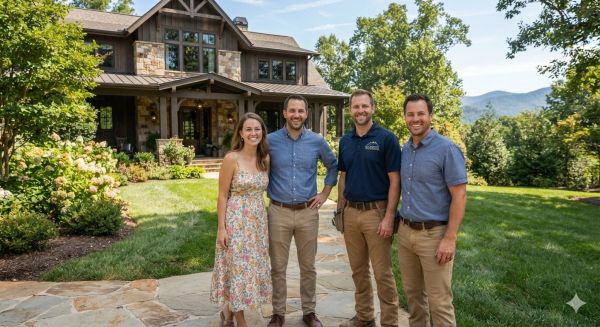 Four people standing in front of a house.