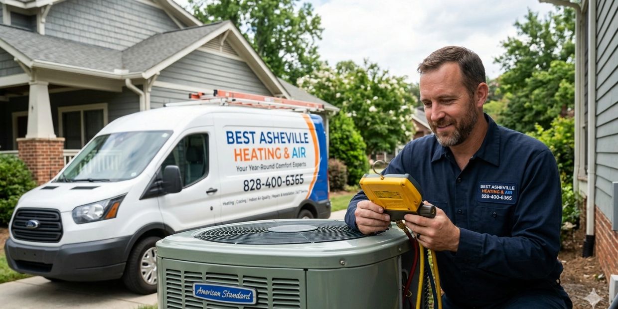 HVAC technician working on outdoor air conditioner unit.