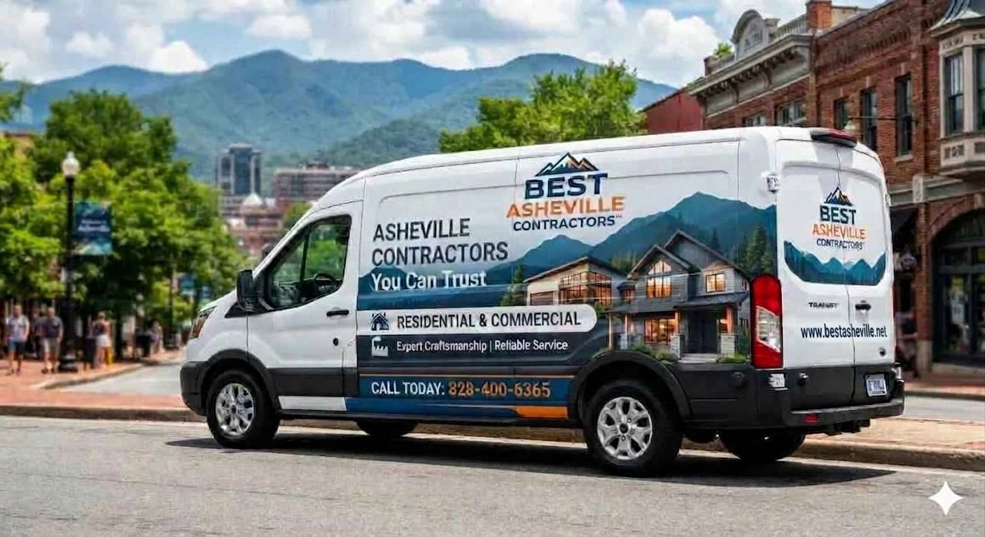 White contractor van with Asheville Contractors advertisement.