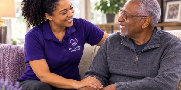 Caregiver smiling at elderly man in comfortable home setting.
