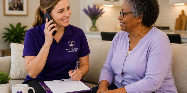 Home care worker talking to an elderly woman.