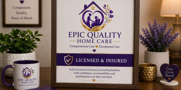Epic Quality Home Care promotional setup with framed sign and branded items.