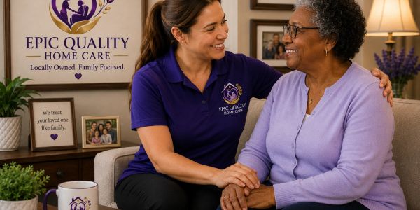 Caregiver warmly supporting elderly woman at home.