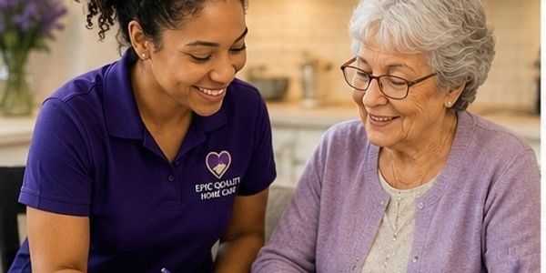 Home care worker assisting elderly woman with paperwork.