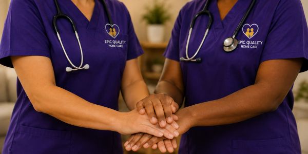 Two healthcare workers holding hands in support.