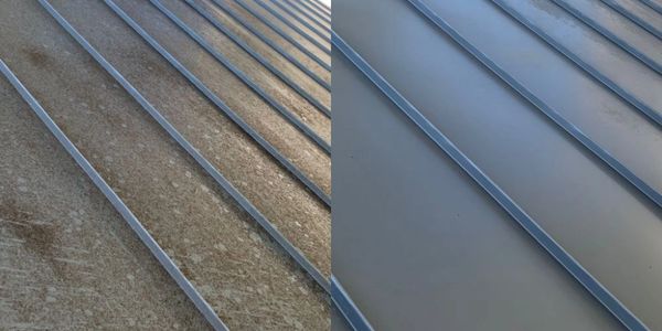 Standing seam metal roof before and after  being pressure washed