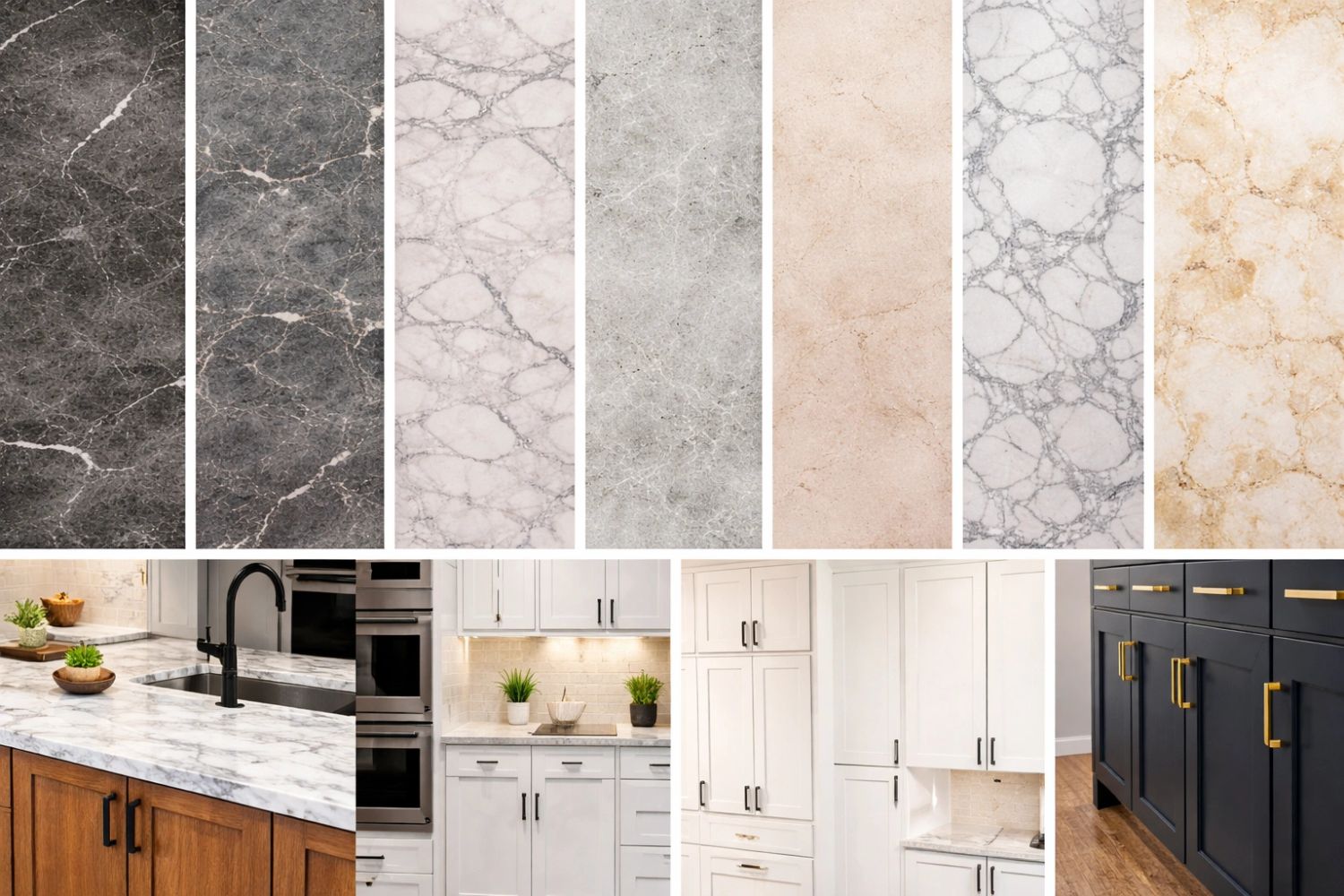 Various marble countertop samples with different kitchen designs below.