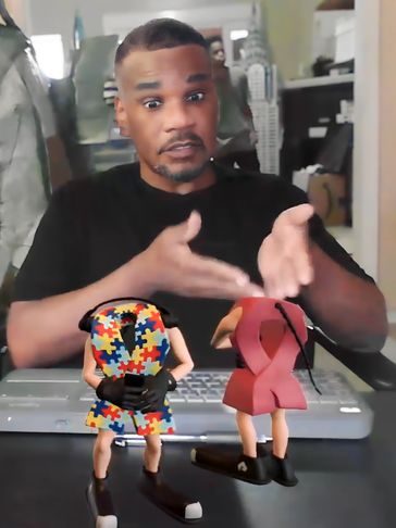author arguing to 3D character he created