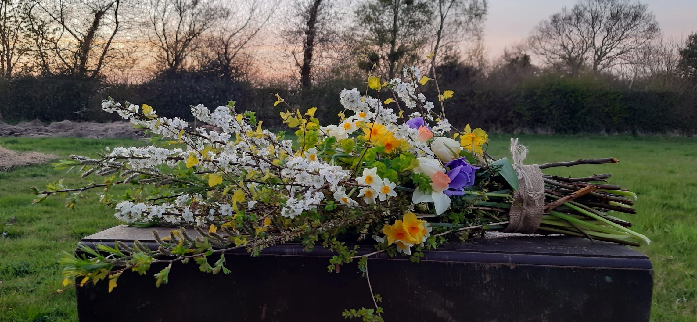 Natural sheaf of spring flowers for an environmentally friendly funeral in Stokesley, Great Ayton an