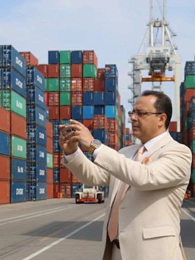 A man in a beige suit taking a photo at a busy shipping container yard.