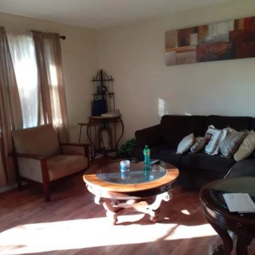 Cozy living room with brown furniture and sunlight.