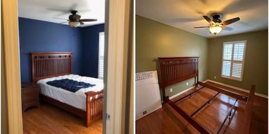 Two photos showing a bedroom before and after the bed frame is dismantled.