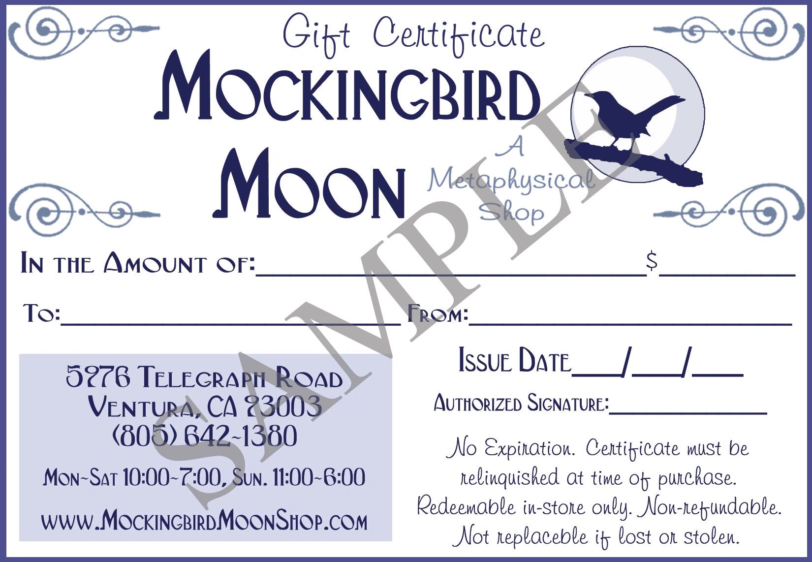 Gift Certificates are good in-store for merchandise, readings, and classes!
