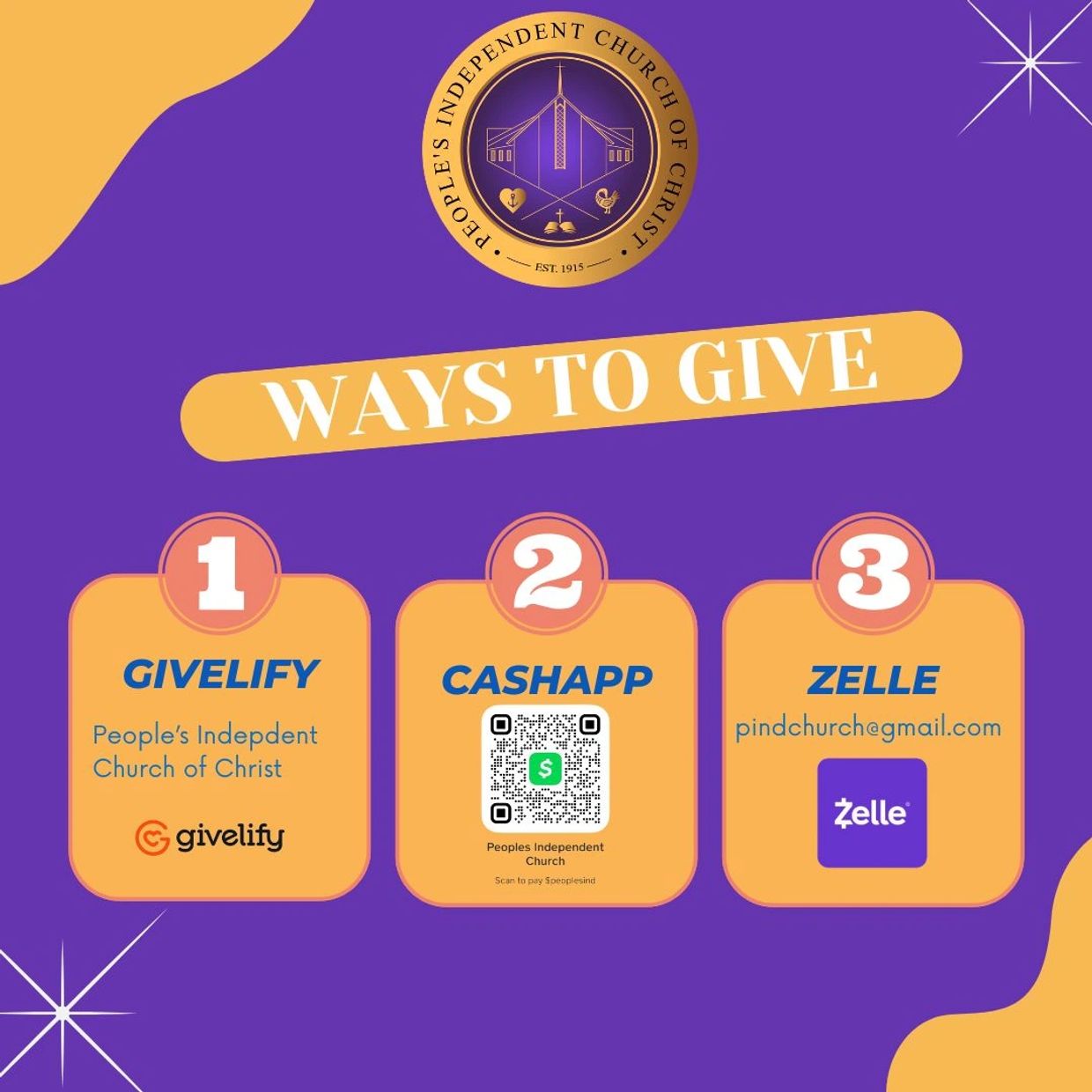 Ways to give to People's Independent Church of Christ via Givelify, CashApp, and Zelle.