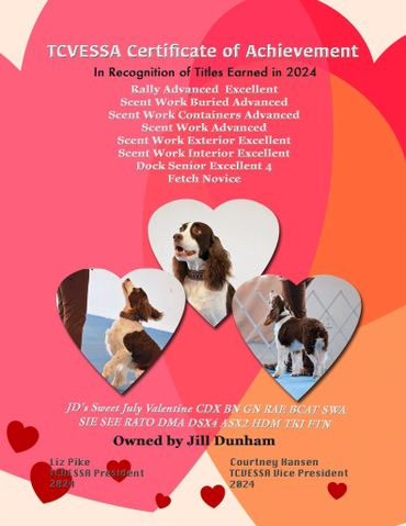 TCVESSA Certificate honoring a dog's advanced scent work and obedience titles.