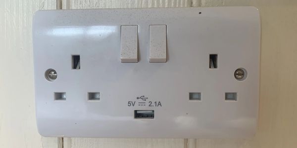 USB charging plug in glamping pod near Builth Wells, Powys – modern riverside stay in Wales