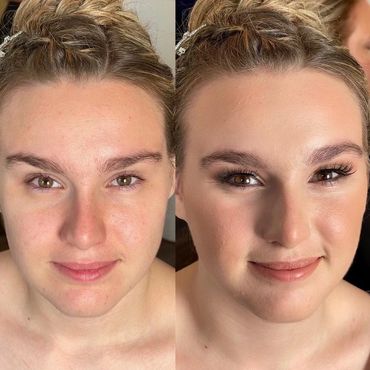 Makeup transformation photo showing natural to glam look on face