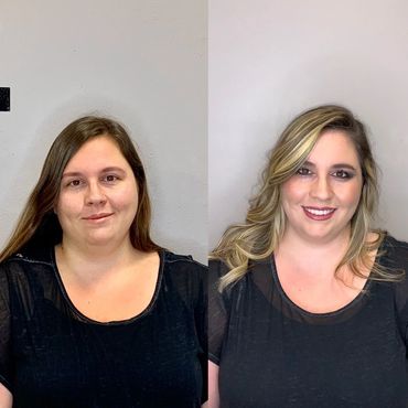 Face makeup before and after comparison highlighting skin glow and contour