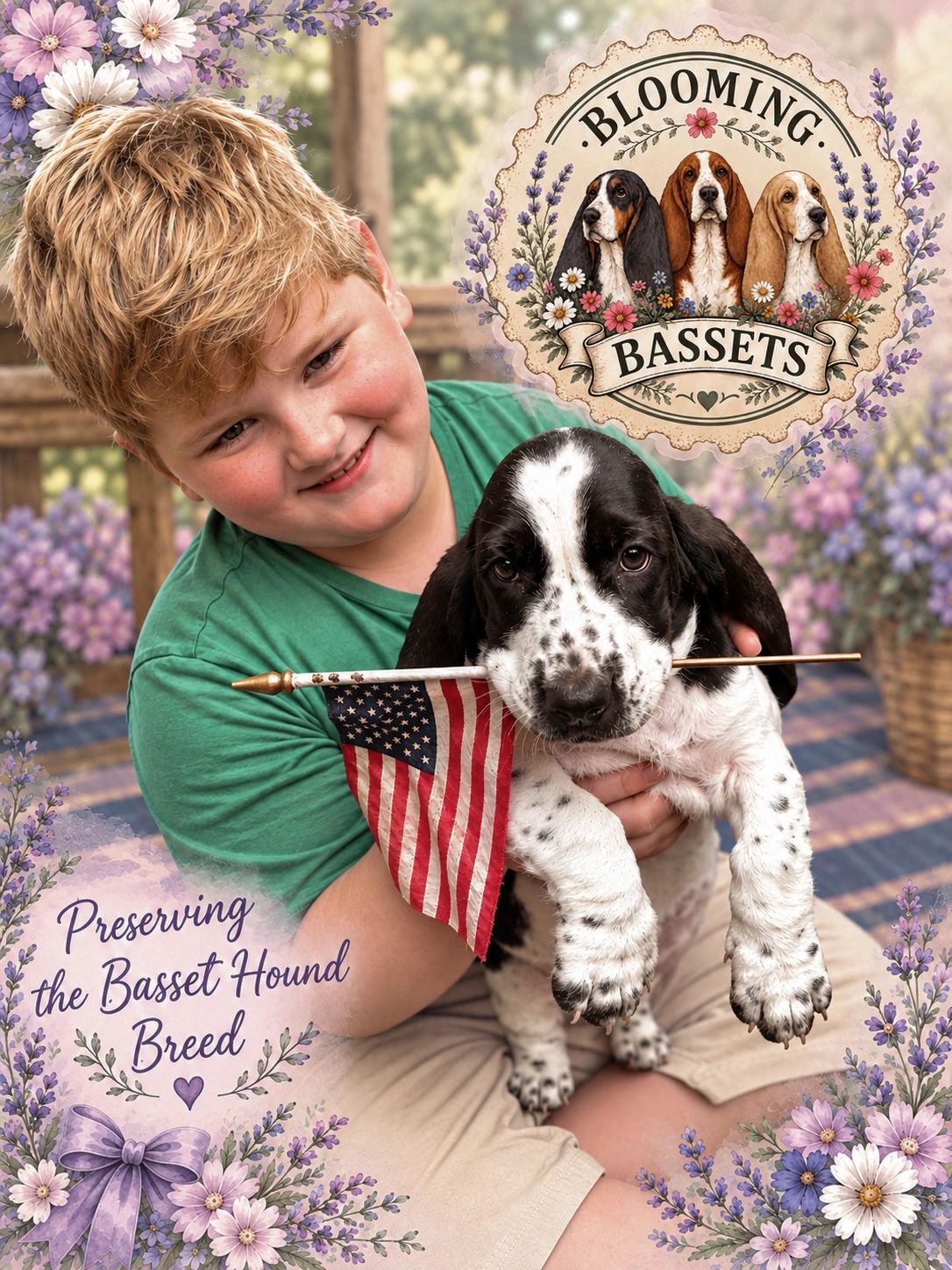 Boy holding Basset Hound puppy with American flag.