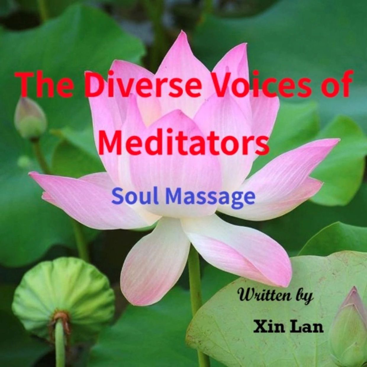 Lotus flower background with meditation book title and author text overlay.