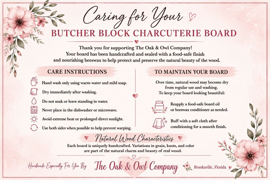 Card and Information for Oak & Owl Co. Butcher Block Boards.