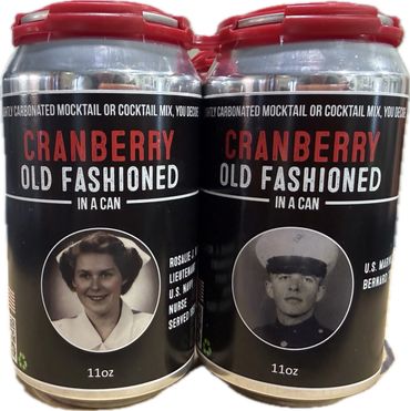 Cranberry Old Fashioned in a can with vintage military portraits on black labels.