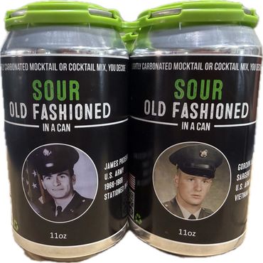 Two cans of sour old fashioned cocktail mix featuring military portraits on the label.