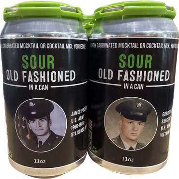 Two cans of sour old fashioned cocktail mix featuring military portraits on the label.