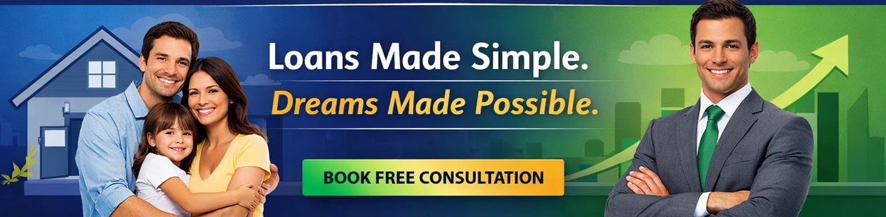 Smiling family and professional promoting easy loans and free consultation.