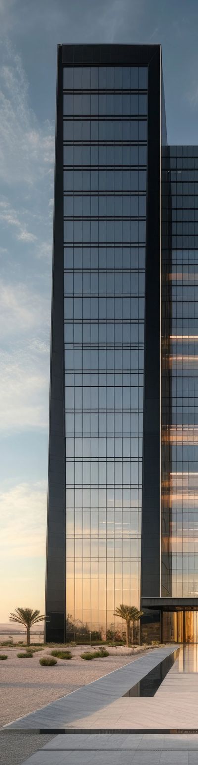 Tall modern glass building reflecting the sunset with palm trees and minimal landscaping.
