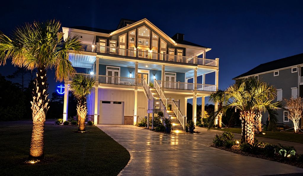 Beautifully lit beach house at night.
