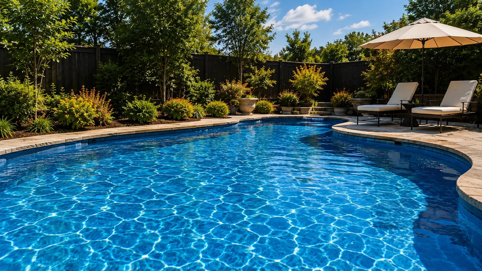 Serene backyard pool with lounge chairs and umbrella.