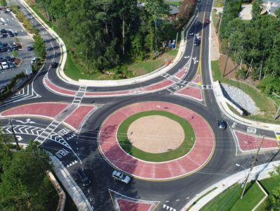Round about in the center of complex roadway connecting 4 different locations
