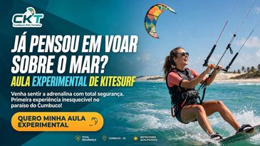 Anúncio de aula experimental de kitesurf em Cumbuco, CE.