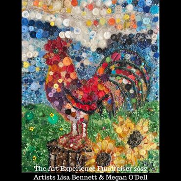 Framed image of a rooster. Mixed media. Buttons, seed beads, wire. Collaboration of artists Lisa Be